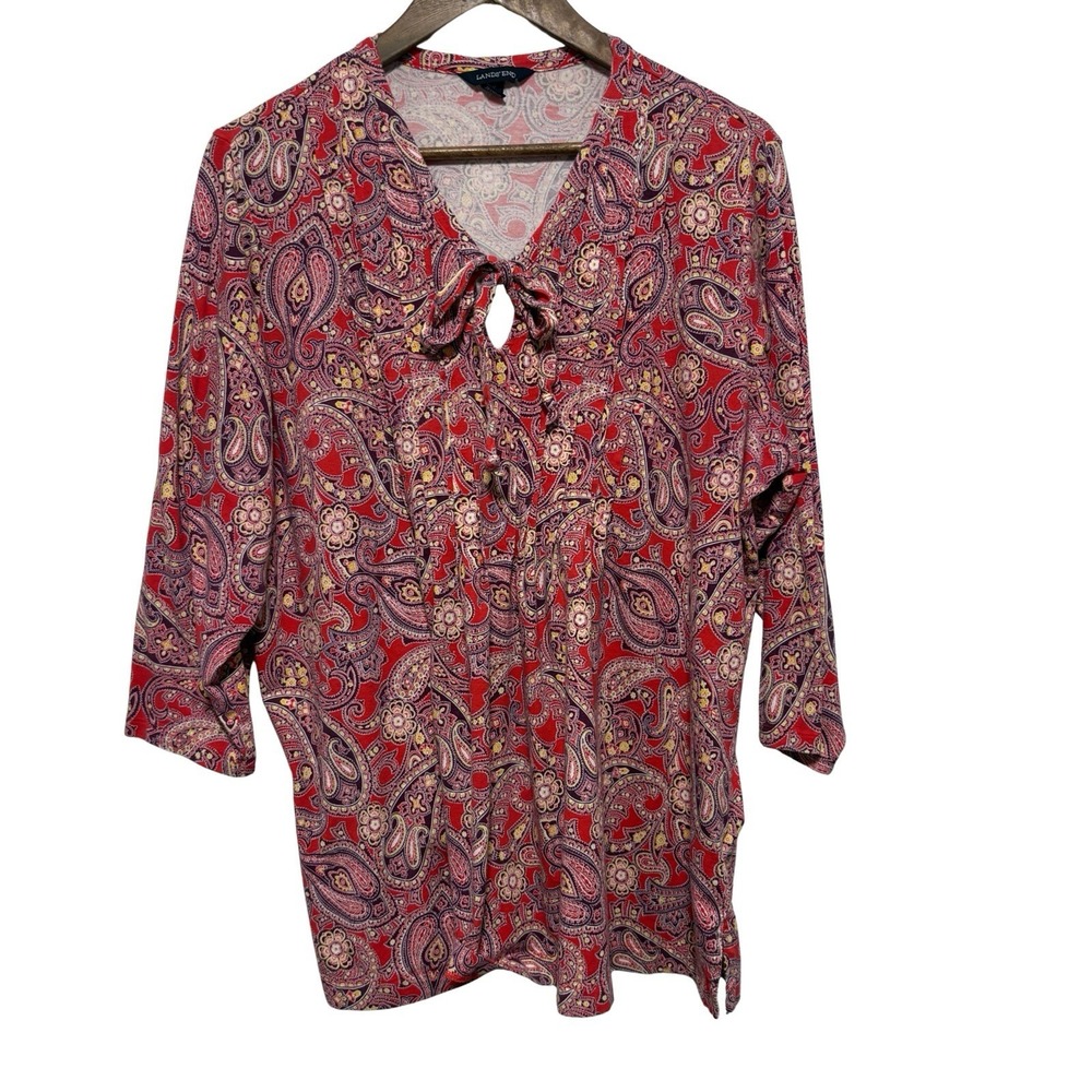 Lands End Top Womens 1X 18W Pink Paisley Tie Neck 3/4 Sleeve Stretch Knit